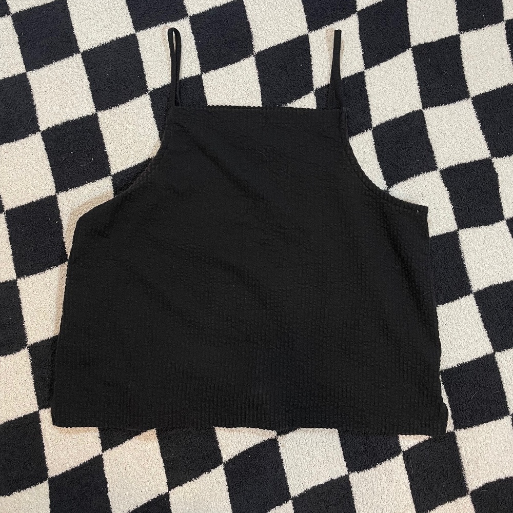 madewell solid black square neck textured apron tank top large